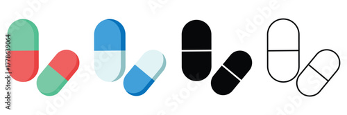 Capsule Pill Icon Set – Flat and Outline Vector Illustrations of Medicine Capsules for Healthcare
 and Medical Design