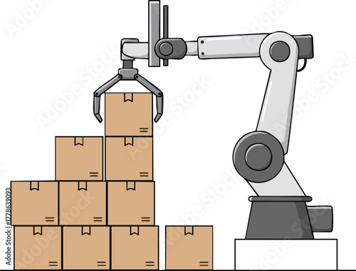 A robotic arm stacks cardboard boxes in a warehouse setting with precision and efficiency.