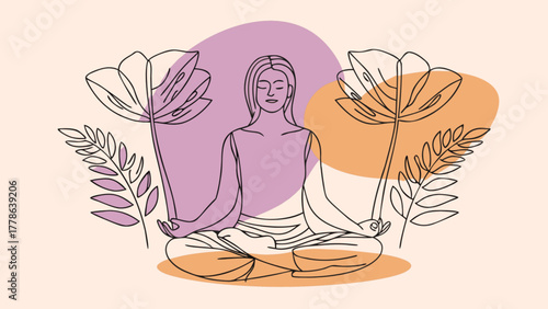 Woman meditating in lotus position with flowers, line art illustration