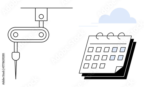 Robotic arm performing tasks next to a calendar with marked dates and a light cloud. Ideal for automation, scheduling, manufacturing, robotics, productivity, planning, and time management. Simple