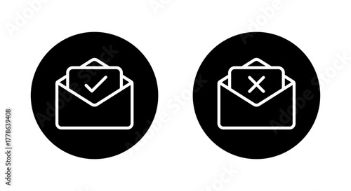 Open email with check and cross icon. Email envelope line symbol in black circle
