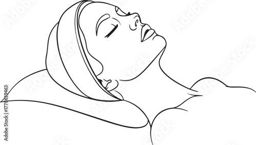 Woman relaxing during spa facial treatment line art beauty skincare wellness illustration