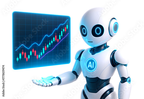 3D Futuristic AI Robot Showing Holographic Candlestick Chart – Stock and Crypto Trading Analytics Visualization isolated on transparent background. 3d rendering PNG file, cut out