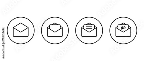 Email envelope line icon collection in circular outline. Open mail with letter and mention symbol for message