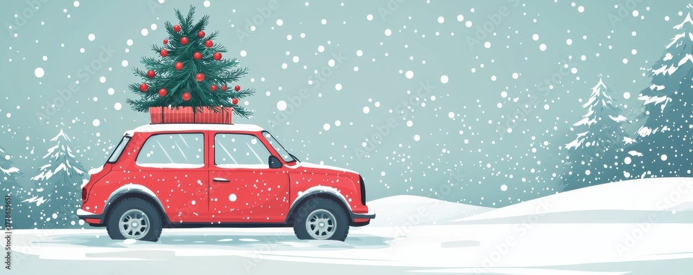 Obraz premium Red car with Christmas tree on snowy rooftop in winter scene