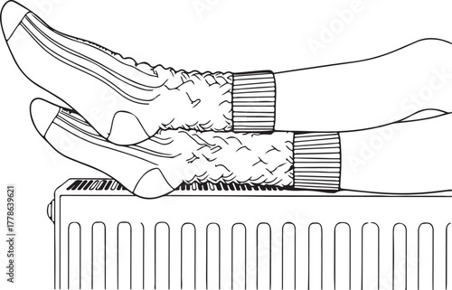 Warm socks resting on radiator line art cozy heating comfort winter relaxation illustration