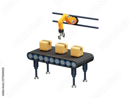 Automated Production Line with Robotic Arm and Conveyor Belt 3d icon rendering illustration