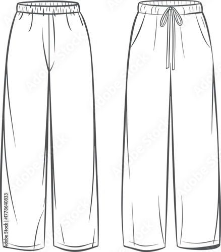 Loose fit drawstring pants with elastic waistband, front pockets, relaxed leg silhouette, flat cad sketch vector fashion illustration design