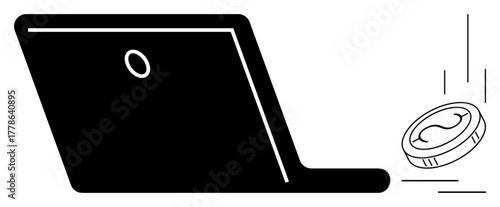 Laptop angled open with a falling coin implying cryptocurrency, e-commerce, digital finance, or investment. Ideal for fintech, blockchain, online business, technology, security concepts involving