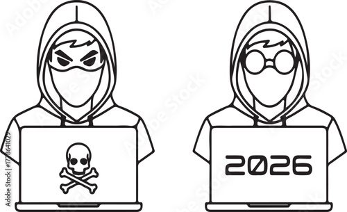 Cyber hacker line art, hooded figure with laptop outline symbolizing digital security concept