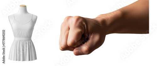 Mockup of a white sleeveless dress on a torso mannequin next to a strong male fist ready to punch concept of confrontation fashion industry conflict or personal