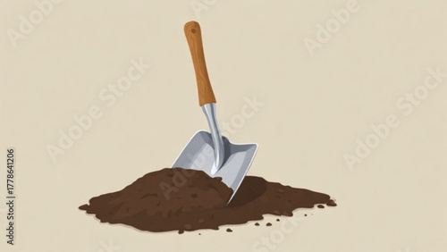 A metal shovel with a wooden handle is isolated on white, a necessary tool for digging in the garden or for construction work