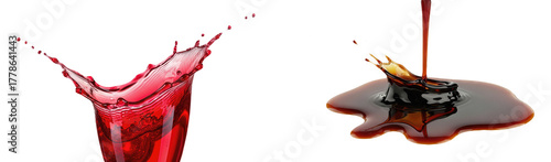 Red wine splash dynamic liquid wave next to thick dark molasses syrup pour isolated on transparent background for beverage or baking ingredient concepts