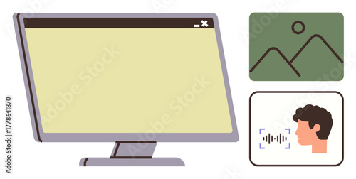 Computer screen with a blank interface, image thumbnail, and voice recognition of a human face. Ideal for technology, content creation, AI, communication, digital tools, design education themes