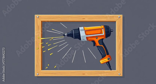 Cordless electric drill tool with a black and white power plug and socket on the wall for construction work