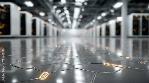 Futuristic High-Tech Corridor with Metallic Floor and LED Lighting