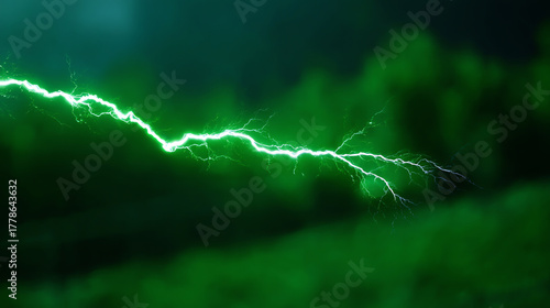 Bright green lightning bolt streaks across a dark, blurred background, showcasing dynamic electric energy with vivid, branching tendrils and a glowing, intense light effect
