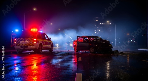 Nighttime Traffic Accident Scene with Emergency Lights and Wet Road