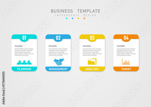 Infographic 4 steps business plan template white rounded corners rectangles top and bottom with multicolored bars, text in the center and colored icons at the bottom, top with numbers.