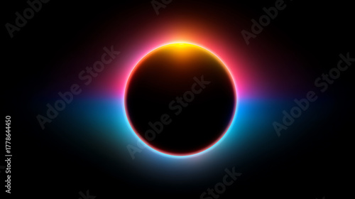 Solar eclipse with vibrant neon glow in red, orange, blue, and pink hues against a black background, creating a futuristic and cosmic visual effect
