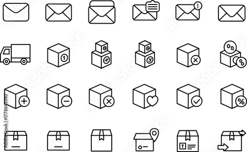 Mail and package delivery icons set, envelope, shipping box, parcel symbols, notification, tracking, courier truck, post office, shipment, communication design