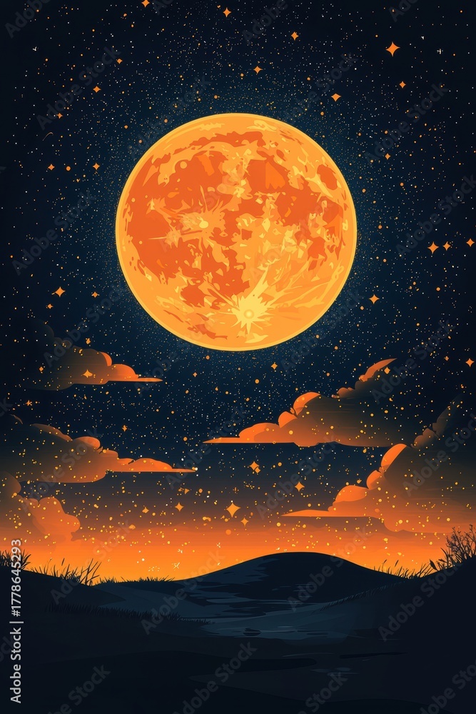 Fototapeta premium Silhouette landscape with a vibrant moonrise and starry night sky