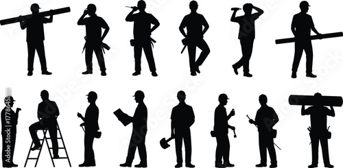 Male construction worker silhouettes carrying tools and materials, wearing hard hats, standing, working, planning, teamwork, builder, contractor, labor, safety gear, industry