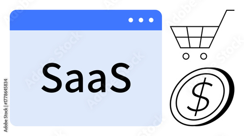 SaaS in stylized browser window, dollar coin, shopping cart. Ideal for e-commerce, technology, business, subscription, online services financial planning digital economy. Simple flat metaphor