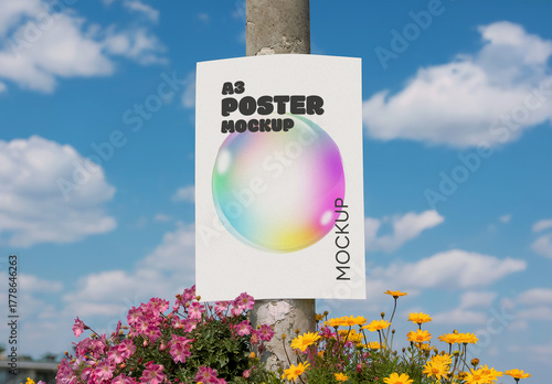 A3 Poster Mockup on Street Pole with Flowers and Blue Sky