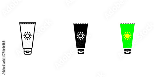 Vector icon illustration showing two styles (outline and solid fill) of a cream tube with a sun symbol on the front. This represents sunscreen, sunblock, UV protection, SPF rating, summer skincare, or