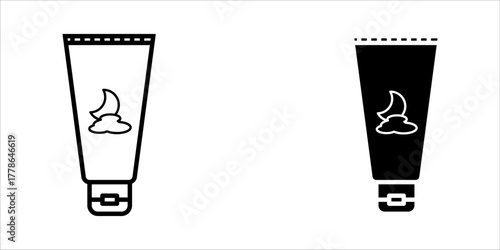 Vector icon illustration showing two styles (outline and solid fill) of a cream tube with a moon and cloud symbol on the front. This represents night cream, bedtime skincare, evening cosmetic routine,