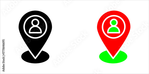 Solid black vector icon illustration of a typical map pin (location marker) with a user or person silhouette contained within a circular profile area inside the pin. This represents user position on a