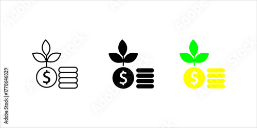 Financial_Growth_Investment_Money_Plant_Icon Vector icon illustration showing two styles (outline and solid fill) of a dollar coin stacked with other coins, with a growing plant or sprout emerging fro