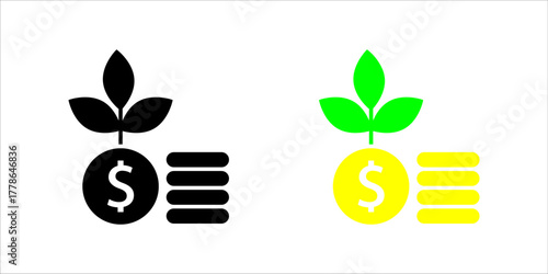Financial_Growth_Investment_Money_Plant_Icon Vector icon illustration showing two styles (outline and solid fill) of a dollar coin stacked with other coins, with a growing plant or sprout emerging fro