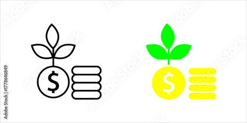 Financial_Growth_Investment_Money_Plant_Icon Vector icon illustration showing two styles (outline and solid fill) of a dollar coin stacked with other coins, with a growing plant or sprout emerging fro