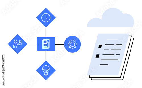 Diagram of interconnected blue icons featuring task management, collaboration, workflow automation, and innovation next to a cloud hosting document. Ideal for productivity, teamwork, data storage