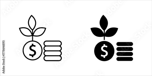 Financial_Growth_Investment_Money_Plant_Icon Vector icon illustration showing two styles (outline and solid fill) of a dollar coin stacked with other coins, with a growing plant or sprout emerging fro