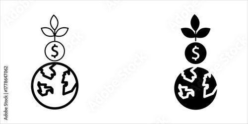 Vector icon illustration showing three styles (outline, solid, and color) of a stack: the Earth/globe at the bottom, a dollar/money coin in the middle, and a growing plant/leaf on top. This symbolizes