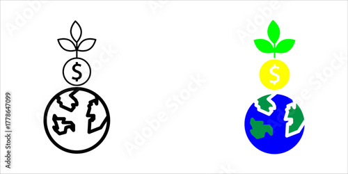 Vector icon illustration showing three styles (outline, solid, and color) of a stack: the Earth/globe at the bottom, a dollar/money coin in the middle, and a growing plant/leaf on top. This symbolizes