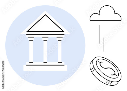 Classical bank structure, cloud, and coin representing finance, banking, fintech, savings, digital economy, investments and online transactions. Ideal for modern banking concepts and simple flat