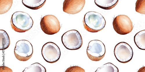 watercolor coconut fruit seamless pattern, whole and halved hand drawn illustration wallpaper background