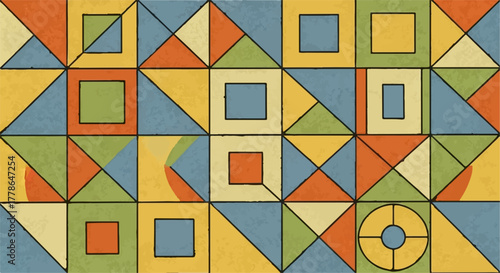 Vibrant geometric pattern with squares, triangles, and circles in a retro color palette