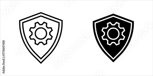Security_Settings_Shield_Gear_Icon Vector icon illustration showing two styles (outline and solid fill) This symbolizes Artificial Intelligence processing, advanced technology chip, machine learning d