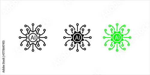 Vector icon illustration showing two styles (outline and solid fill) of a gear (cogwheel) with the letters "AI" inside, surrounded by a circular process or circuit connection. This represents Artifici