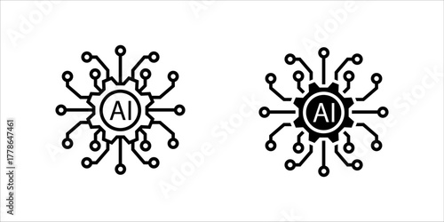 Vector icon illustration showing two styles (outline and solid fill) of a gear (cogwheel) with the letters "AI" inside, surrounded by a circular process or circuit connection. This represents Artifici