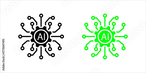 Vector icon illustration showing two styles (outline and solid fill) of a gear (cogwheel) with the letters "AI" inside, surrounded by a circular process or circuit connection. This represents Artifici