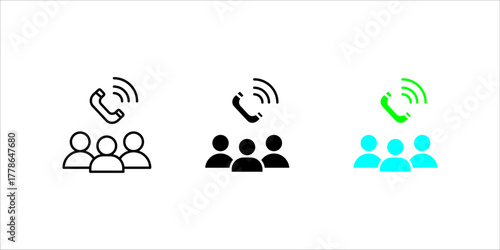Group_Call_Conference_Outline_Solid_Icon Vector icon illustration showing two styles (outline and solid fill) of a group of three people (users) underneath a ringing telephone handset symbol. This sig