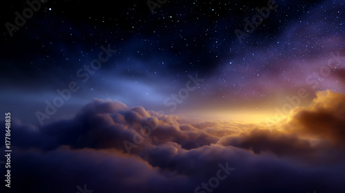 A breathtaking view of fluffy clouds illuminated by the soft glow of a rising or setting sun beneath a star-filled night sky