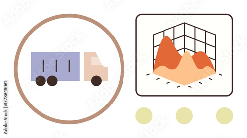Delivery truck inside circle next to 3D graph with fluctuating peaks. Ideal for data analytics, logistics, shipping optimization, business growth, supply chain, forecasting, simple flat metaphor