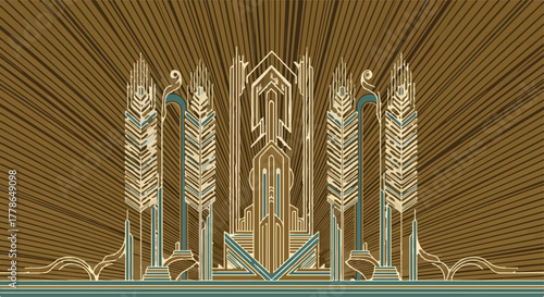 Elegant art deco architecture with radiating golden lines on a teal background